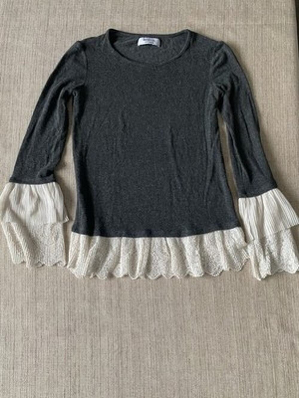 Bailey/44 Womens XS Grey Wool Blend Pleated Lace Hem Long Sleeve Top USA